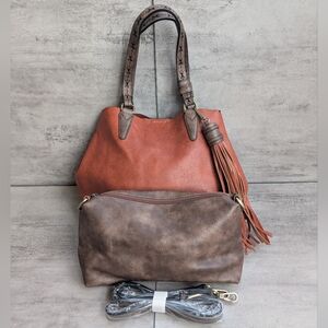 NWOT Jen & Co Aliza Large Tassel Satchel 2 in 1 Vegan Leather Handbag Rust Brown